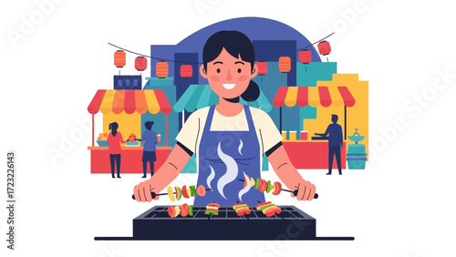 Culinary Delights: A cheerful culinary artisan, grilling skewers of delectable food in an outdoor market, showcasing a vibrant scene of cultural celebration.