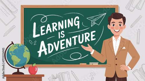 Classroom illustration with teacher, chalkboard, globe, and apple—“Learning is Adventure” theme symbolizing education and inspiration 