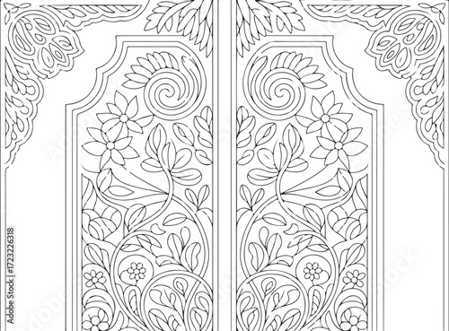 Floral Door Panel Ornament Vector, Decorative Wood Carving Design EPS, Symmetrical Botanical Architectural Pattern