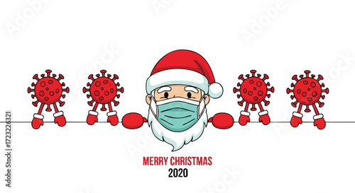 Santa Claus Wearing a Mask Wishing Merry Christmas 2020 with Coronavirus Characters, Representing a Unique Holiday Season During the Pandemic