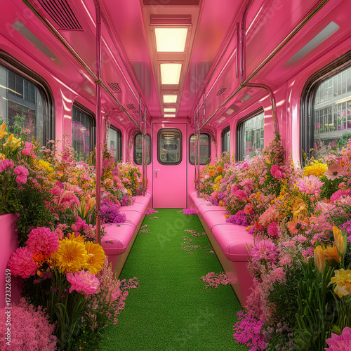  pink subway car filled with colorful flowers and green carpet