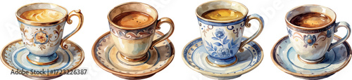 Set of Vintage Porcelain Coffee Cups Watercolor Vector Illustration