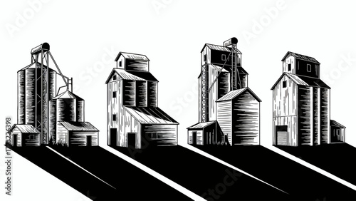 Grain Elevators in Rural Landscape Black and White Illustration of Agricultural Buildings and Silos for Farming Industry