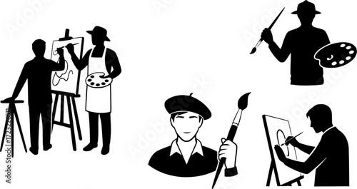 Artist, Artist drawing, Artist silhouette, Artist drawing silhouette, Painter artist silhouette, Painter artist, Artist drawing vector 