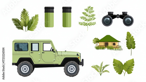 Eco friendly vehicle, binoculars, green foliage, and nature lodge create perfect scene for eco tourism adventures