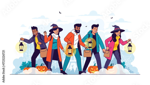Halloween Celebration: Five individuals dressed in Halloween attire walking in a festive street. Their lantern casting light through the dark night.