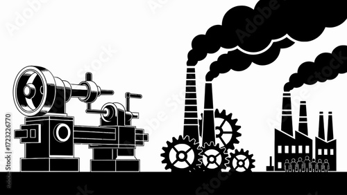Industrial Revolution Icon Black and White Illustration Depicting Factories Machinery Gears and Pollution Creating a Powerful Statement