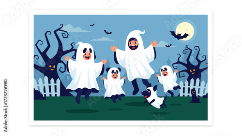 Halloween Specter: A family and their dog joyfully appear in ghost costumes, under the luminous glow of the moon with eerie silhouette of trees, in a fun illustration of this special holiday. 