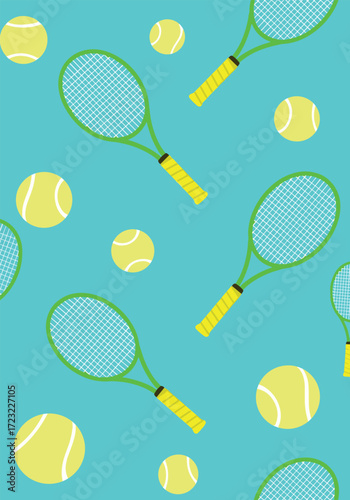 Bright green tennis rackets and yellow balls scattered on a bright cyan background.