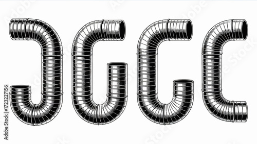 Monochrome Illustration of Flexible Corrugated Metal Ducting Formed into the Letter J and Letter C for Industrial Purposes