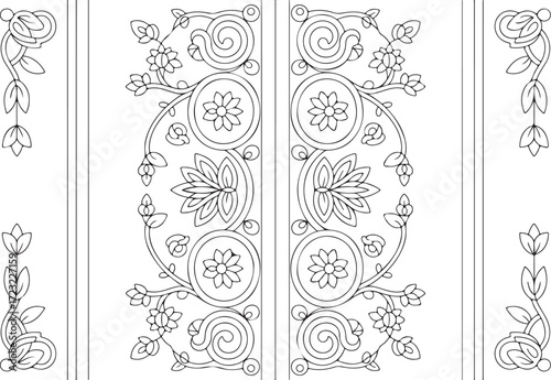Floral Door Panel Ornament Vector, Decorative Wood Carving Design EPS, Symmetrical Botanical Architectural Pattern