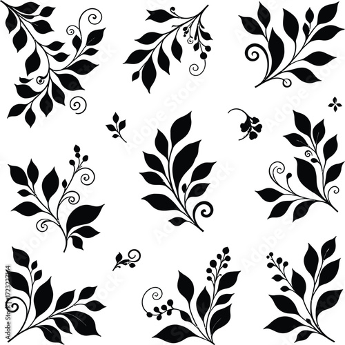 Collection of nine black silhouette floral corner and accent decorative elements with swirling vines and leaves