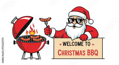 Welcome to Christmas BBQ with cool Santa grilling festive sausages on a red barbecue, perfect for holiday parties and family gatherings