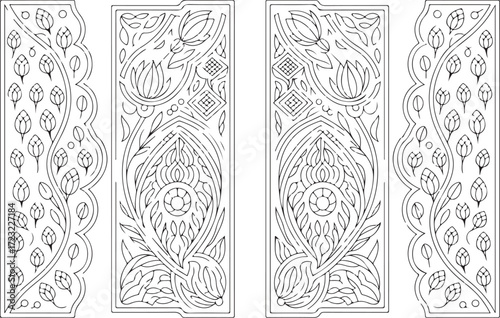 Floral Door Panel Ornament Vector, Decorative Wood Carving Design EPS, Symmetrical Botanical Architectural Pattern