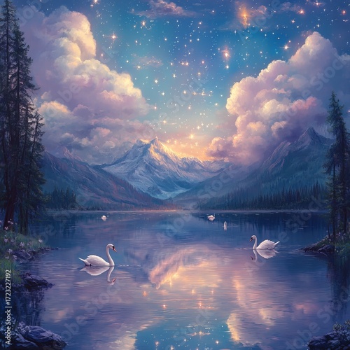 A serene landscape with a lake and mountains in the background. Three swans are swimming in the water, creating a peaceful atmosphere