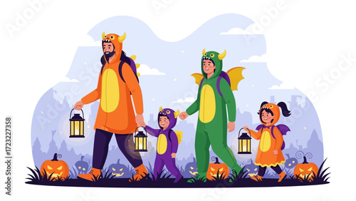 Family Halloween Celebration: A spirited family dressed in whimsical costumes, carries lanterns, and roams a whimsical landscape to celebrate the Halloween festival. A showcase of delight and unity.