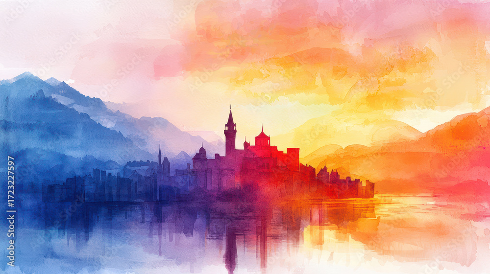 Obraz premium Stunning watercolor landscape featuring castle silhouette against vibrant sunset. scene captures blend of warm and cool colors, reflecting water