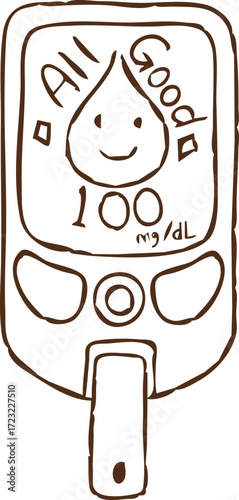 Line art glucometer with smiling drop showing 100 mg/dL icon