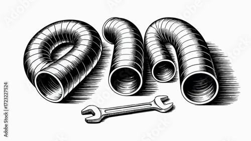 Ventilation System Installation and Repair Flexible Ducting with Open End and Metal Wrench Illustration