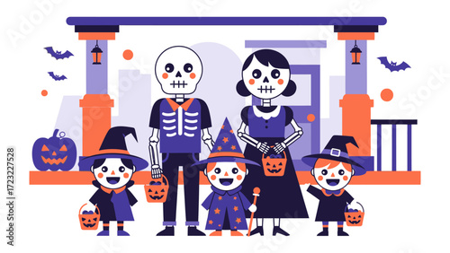 Halloween Family Portrait: A cheerfully spooky family, dressed in vibrant costumes, gathers for a memorable Halloween portrait, with smiling faces and playful gestures ready for trick-or-treating. 