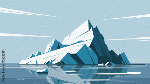 Stylized iceberg floating in calm ocean under clear sky—symbolizing nature, climate awareness, polar exploration, and environmental serenity 