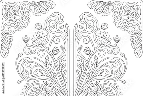 Ornamental Door Panel Floral Vector, CNC Wood Carving Design EPS, Decorative Botanical Architectural Pattern
