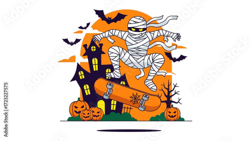 Spooky Skateboarding Mummy: A cartoon mummy doing tricks on a skateboard, pumpkin and haunted house are visible in the background.