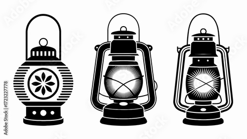 Vintage lantern collection black silhouette on white background representing traditional lighting sources and classic design elements for graphic use