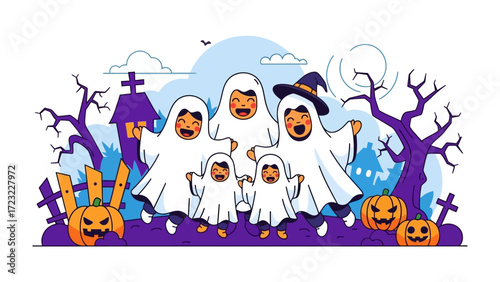 Whimsical Halloween Family: A whimsical illustration featuring a happy family, dressed in ghostly attire, enjoying a playful Halloween night, complete with grinning pumpkins and spooky ambiance.
