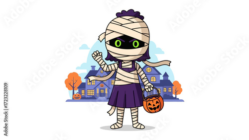Halloween Mummy in Costume: A cute mummy girl, her face hidden beneath bandages, holds a pumpkin bucket, waving cheerily against the backdrop of a festive Halloween scene.