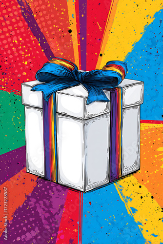 Colorful gift box with a blue ribbon against a vibrant, abstract background of splashes