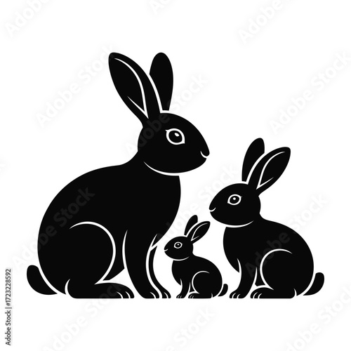 Adorable Rabbit Family Silhouette Illustration A Black Vector Design of Three Bunnies for Wildlife Animal Lovers and Family-Themed Projects