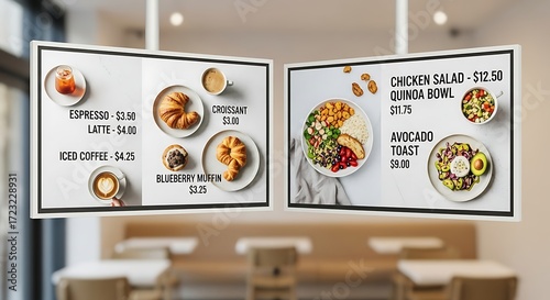 Modern digital menu board showcasing delicious cafe food and drinks with prices, perfect for bright, contemporary eateries and restaurants.