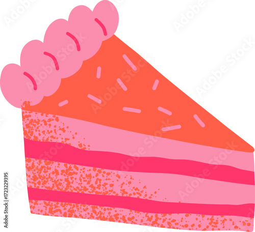 A slice of layered cake with pink frosting