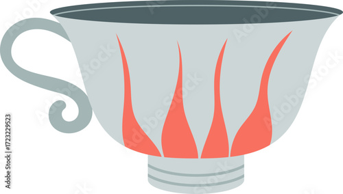 A silver teacup with red flamelike accents