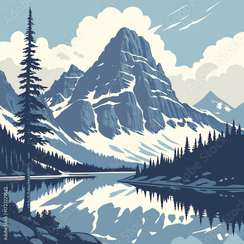 Serene alpine lake reflecting majestic mountain peaks under a clear sky perfect for nature and travel themes