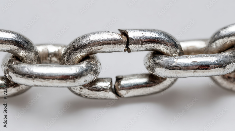 Obraz premium Broken metal chain links close-up background detail shiny texture. Rusted silver connection with imperfections visible highlighting durability and wear in industrial context.