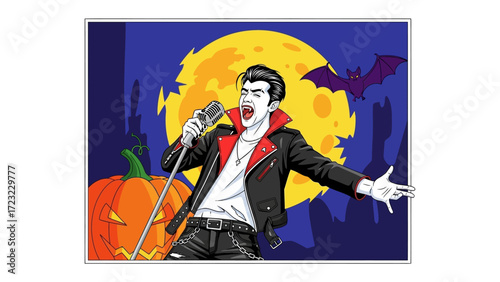 Spooky Halloween Singer : A captivating cartoon scene depicting a figure in a spooky costume with open mouth is singing in a full moon night scene.