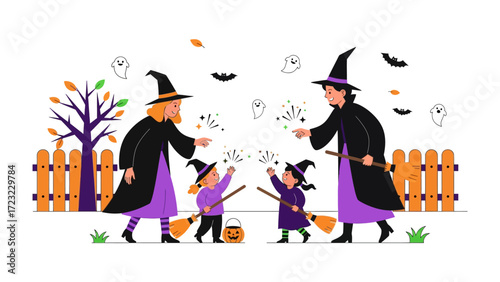Happy Halloween Celebration: A whimsical illustration of two adult witch-like figures, guiding their children on a Halloween adventure, complete with magical sparkle and autumnal decor. 