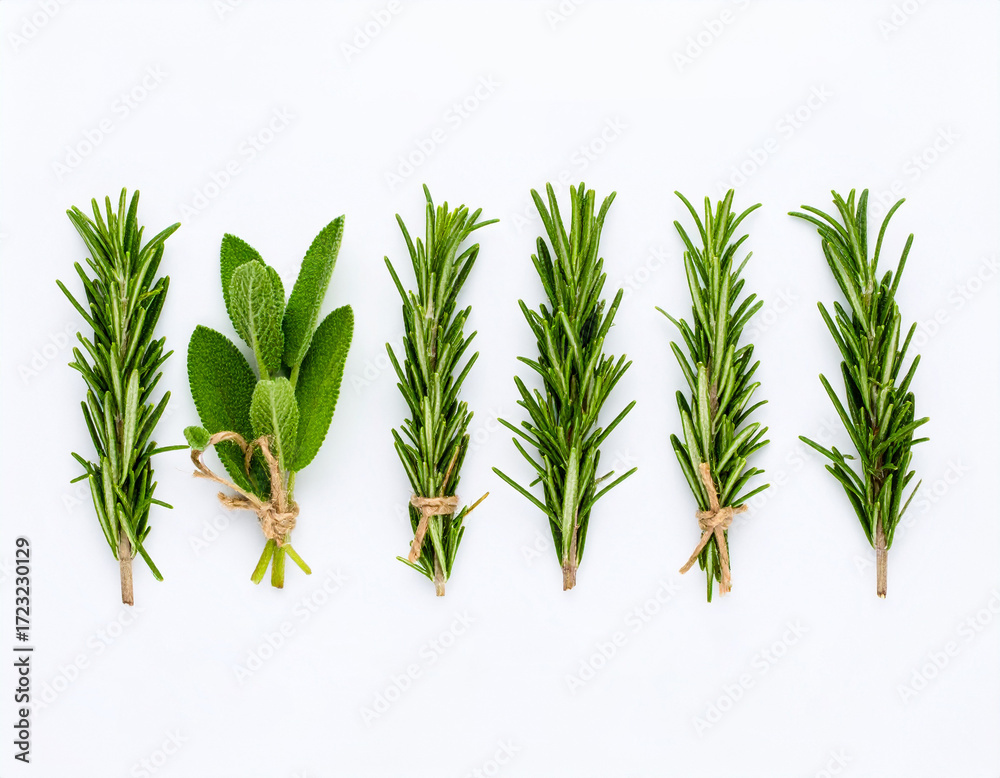 Fototapeta premium Botanical comparison of summer and winter savory herb specimens on a white background for scientific study