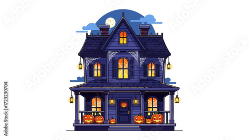 Spooky Halloween Haunted House: A captivating illustration of a haunted house adorned with glowing pumpkins, set under a full moon and cloudy night sky, creating a chilling and festive ambiance.