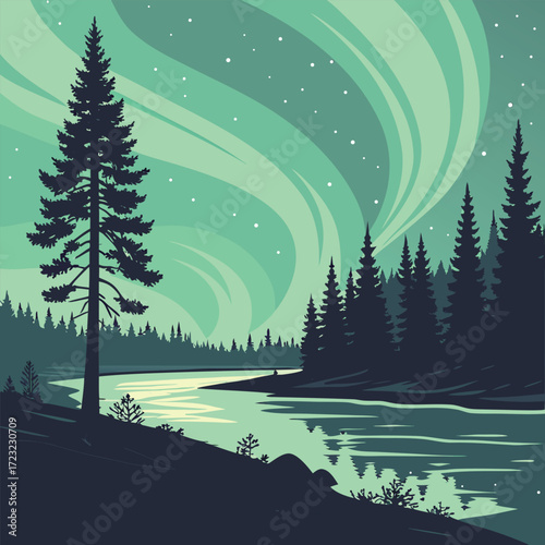 Vibrant aurora borealis illuminating a serene frozen lake with snow covered trees under a starry night sky rendered as a stylized vector illustration