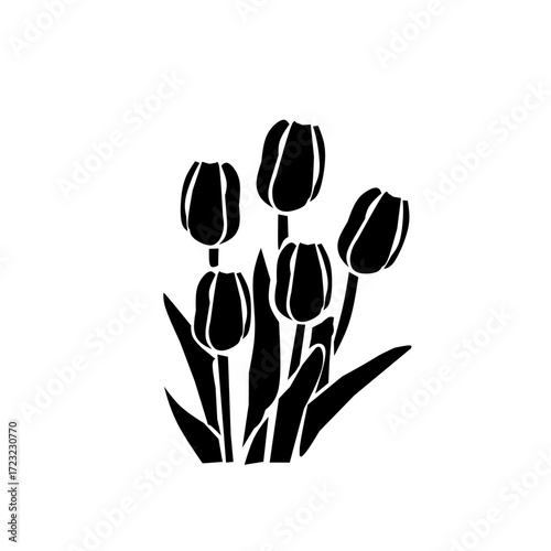 A simple, bold black and white vector illustration of a bunch of tulips with leaves and stems, creating a classic and clean botanical design.
