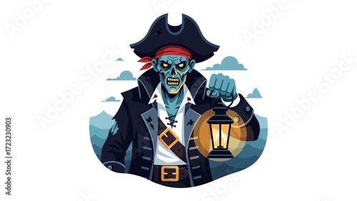 Creepy Pirate with Lantern: An eerie illustrated depiction of a zombie pirate, a spooky figure stands with lantern in hand, exuding an aura of mystery and adventure.