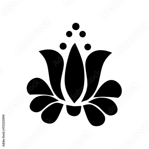 Elegant black lotus flower silhouette with decorative petals and dots, symbolizing purity, growth, balance, and spirituality in a minimalist and modern artistic style.