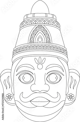 Paper mache mask of lord Visnu, Kalamkari folk art, India. Illustration of the face of a Hindu god with yellow eyes