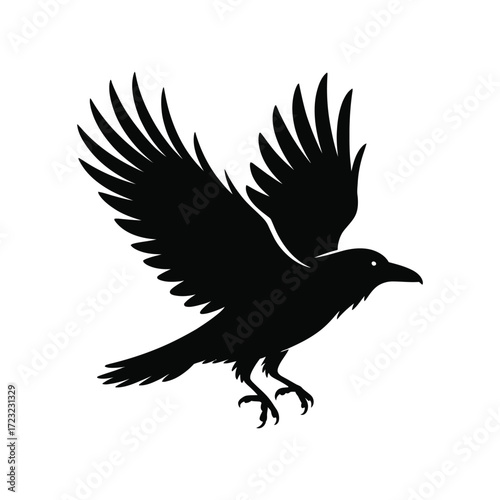 Soaring Raven Silhouette Illustration Vector Design A dark bird in flight, a mysterious black vector illustration against a clean background, wings spread.