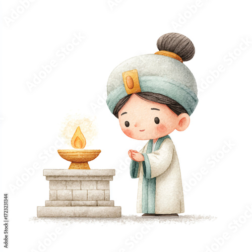 Cute Cartoon Character Lighting a Candle on an Altar.