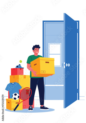 A man carrying a box while moving his belongings into a new house.