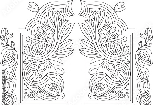 Ornamental Door Panel Floral Vector, CNC Wood Carving Design EPS, Decorative Botanical Architectural Pattern